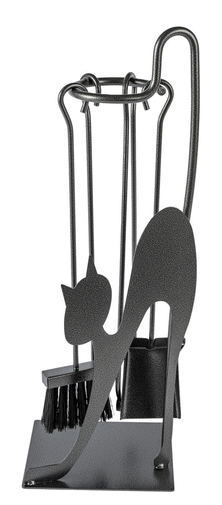 Trespolo per Attrezzi Camino Rettangolare Sagoma Gatto con Paletta Scopino Attizzino e Pinza 28x19x66 cm in Ferro