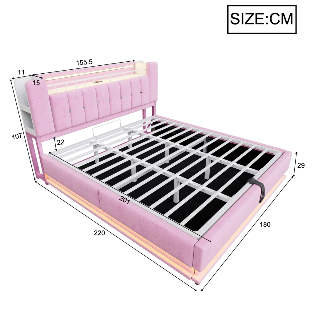 Letto matrimoniale imbottito 180x200 cm con LED; USB e contenitore; rosa