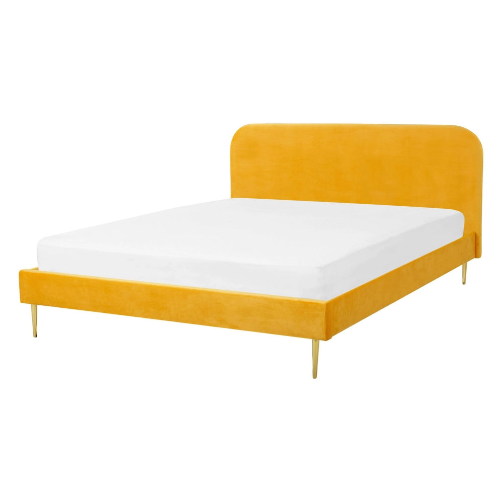 Letto in velluto giallo tappezzeria doppia dimensione gambe dorate testiera con rete a doghe 140 x 200 cm design minimalista
