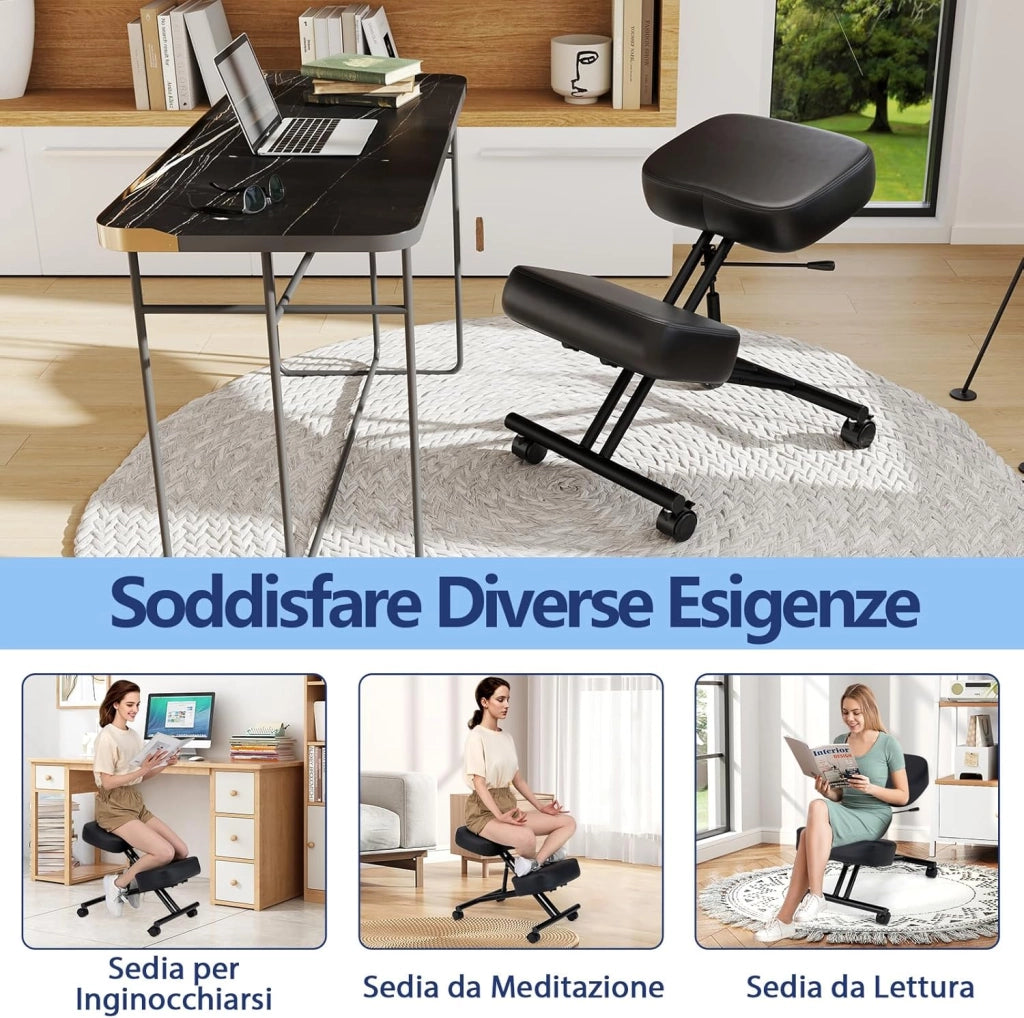 Sedia Ergonomica Inginocchiata con Ruote Bloccabili, Sedia da Ginocchio Regolabile Posturale Struttura in Metallo, Sgabello Ergonomica per Casa e Ufficio, Portata 100 kg (senza Schienale)