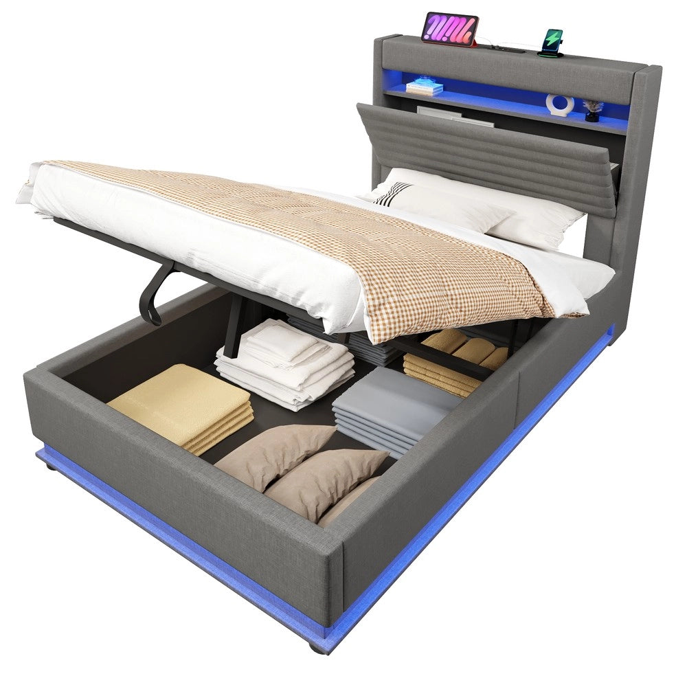 Letto Imbottito con LED e Contenitore Idraulico ¨C Xylo ¨C Grigio, 90x200 cm