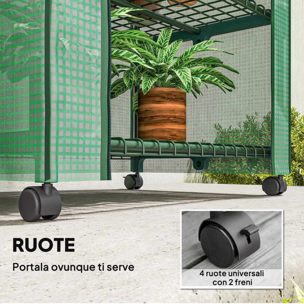 Serra da Balcone a 4 Livelli con 4 Rotelle e Ingresso Avvolgibile, in Acciaio e PE, 69x50x165 cm, Verde