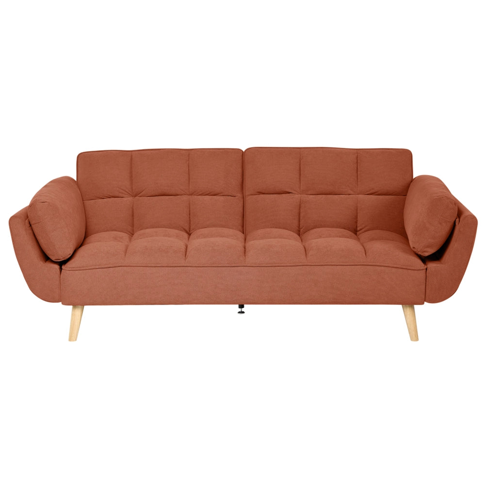 Divano Letto 3 Posti in Tessuto Arancione con Gambe in Legno Imbottitura in Schiuma Schienale Diviso e Imbottitura Biscuit Idrorepellente