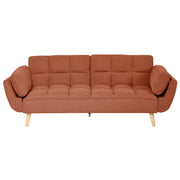 Divano Letto 3 Posti in Tessuto Arancione con Gambe in Legno Imbottitura in Schiuma Schienale Diviso e Imbottitura Biscuit Idrorepellente