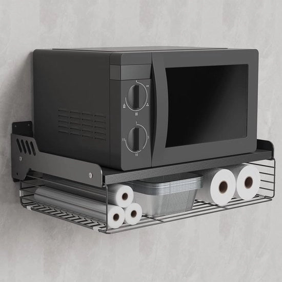 Pannello di supporto spaziale doppio per forno a microonde con cassetto di stoccaggio, metallo, grigio, 55 x 35 x 11 cm