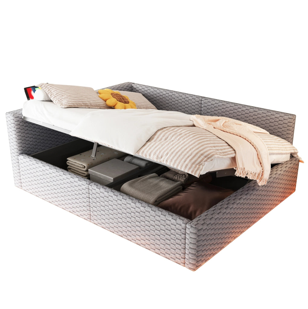 Letto imbottito multifunzione 140x200 cm in velluto grigio con LED; USB e contenitore