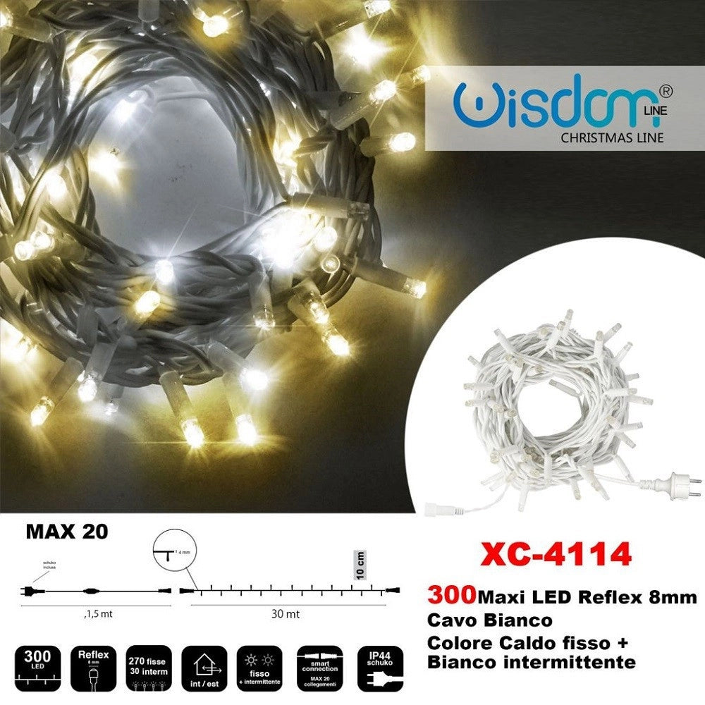 Trade Shop - Catena Luminosa 300 Luci Led Lucciole Caldo Fisso + Bianco Intermittente Xc-4114 -