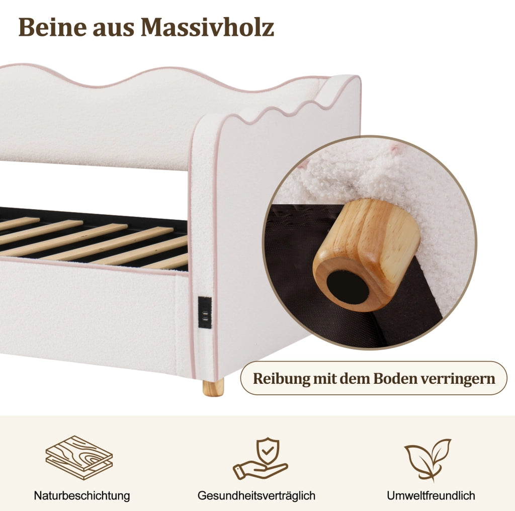 Letto daybed 90x200 cm con contenitore idraulico; presa USB e Type-C; bouclé beige