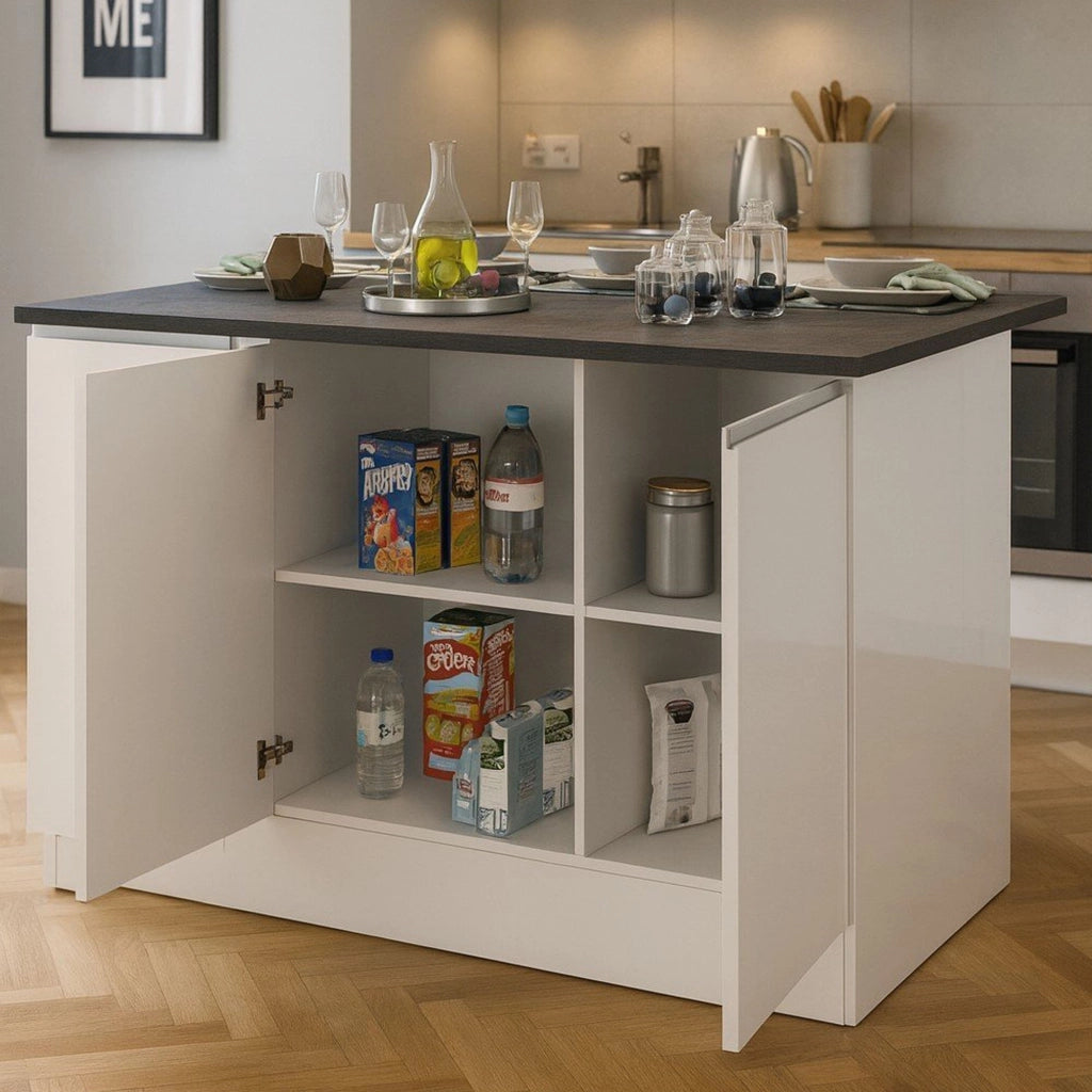 Isola da cucina Tartaro, Tavolo ausiliario portaoggetti, Mobile da cucina a 3 ante, 100% Made in Italy, 155x90h90 cm, Bianco lucido e Ardesia