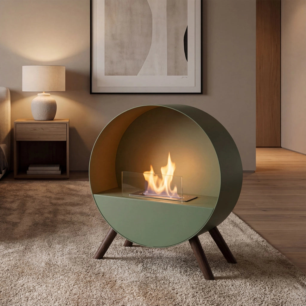 Venere - Camino a Bioetanolo da Pavimento 60x72x30 cm con Bruciatore 1 Litro e Piedi in Legno di Pino Salvia