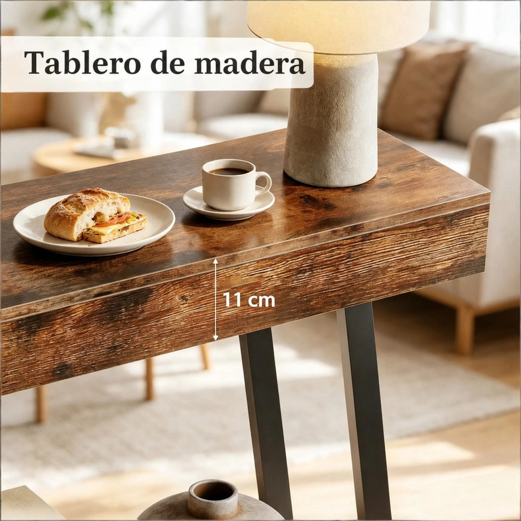 Tavolino 103x30x80 cm in MDF e metallo， marrone rustico e nero， stile industriale