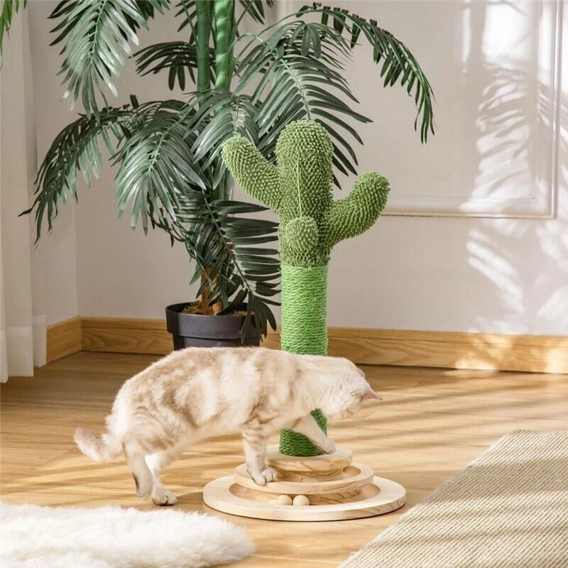 ALBERO TIRAGRAFFI A CACTUS PER GATTI, CORDA SISAL E BASE CON PALLINE IN LEGNO, 32X32X60CM