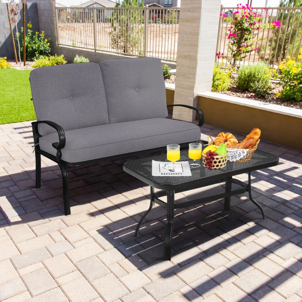 Set da giardino 2 pezzi con cuscini imbottiti, Panchina da esterno a 2 posti e tavolino da balcone Grigio scuro-Set mobili da esterno