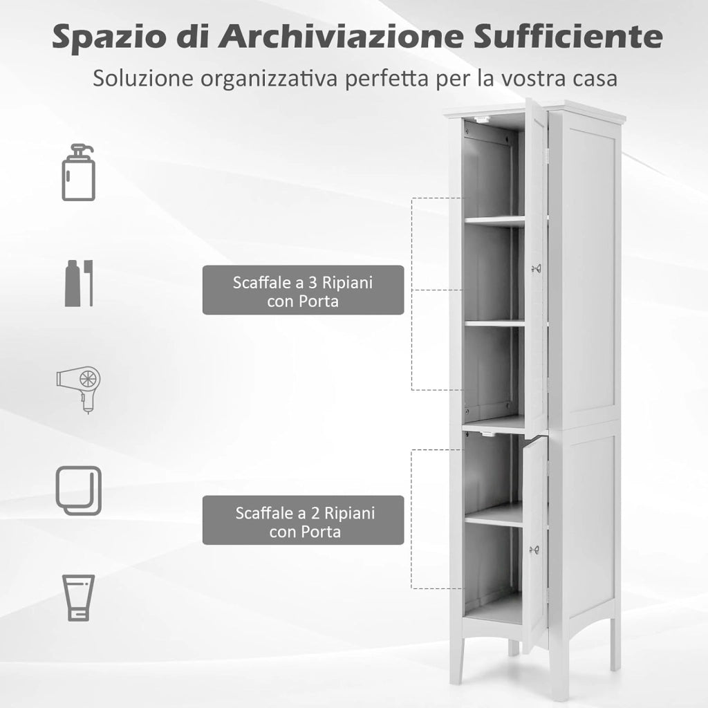 Mobile da Bagno Alto con 2 Ante, Armadio da Terra con 5 Vani, Mobile Colonna per Bagno Cucina Soggiorno, 37 x 37 x 160 cm (Bianco)