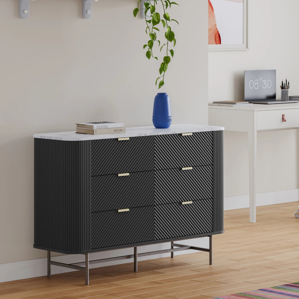 Comò a 6 Cassetti Olvehok Cassettiera 120 x 40 x 81 cm - Nero/Effetto Marmo Bianco [en.casa]