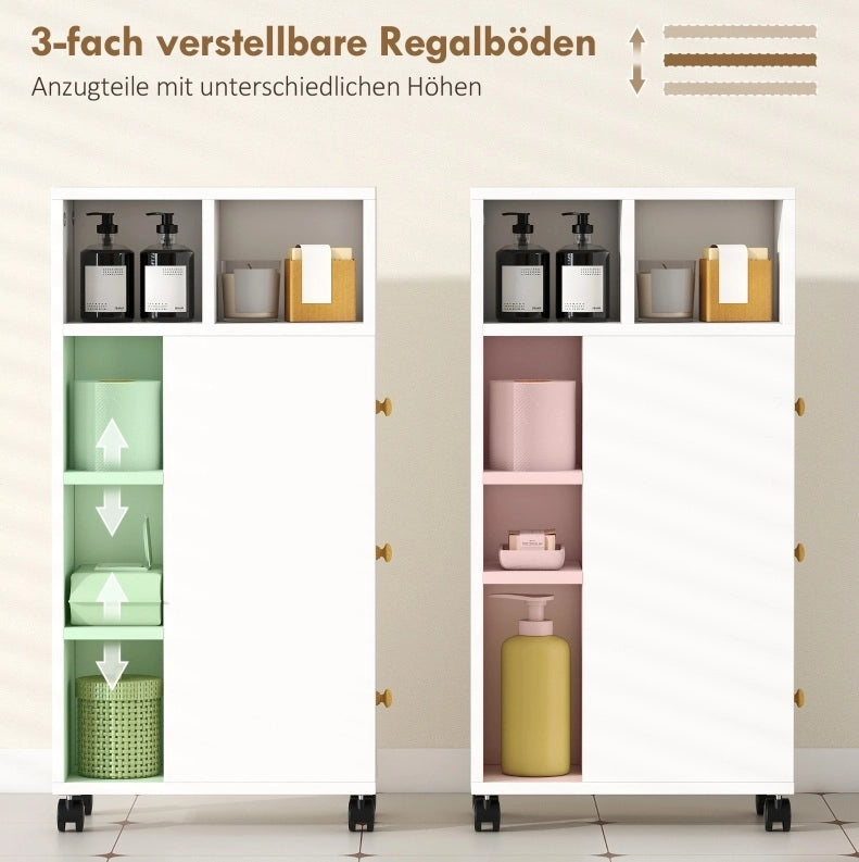 Mobile bagno stretto con ruote, 3 cassetti e 5 vani