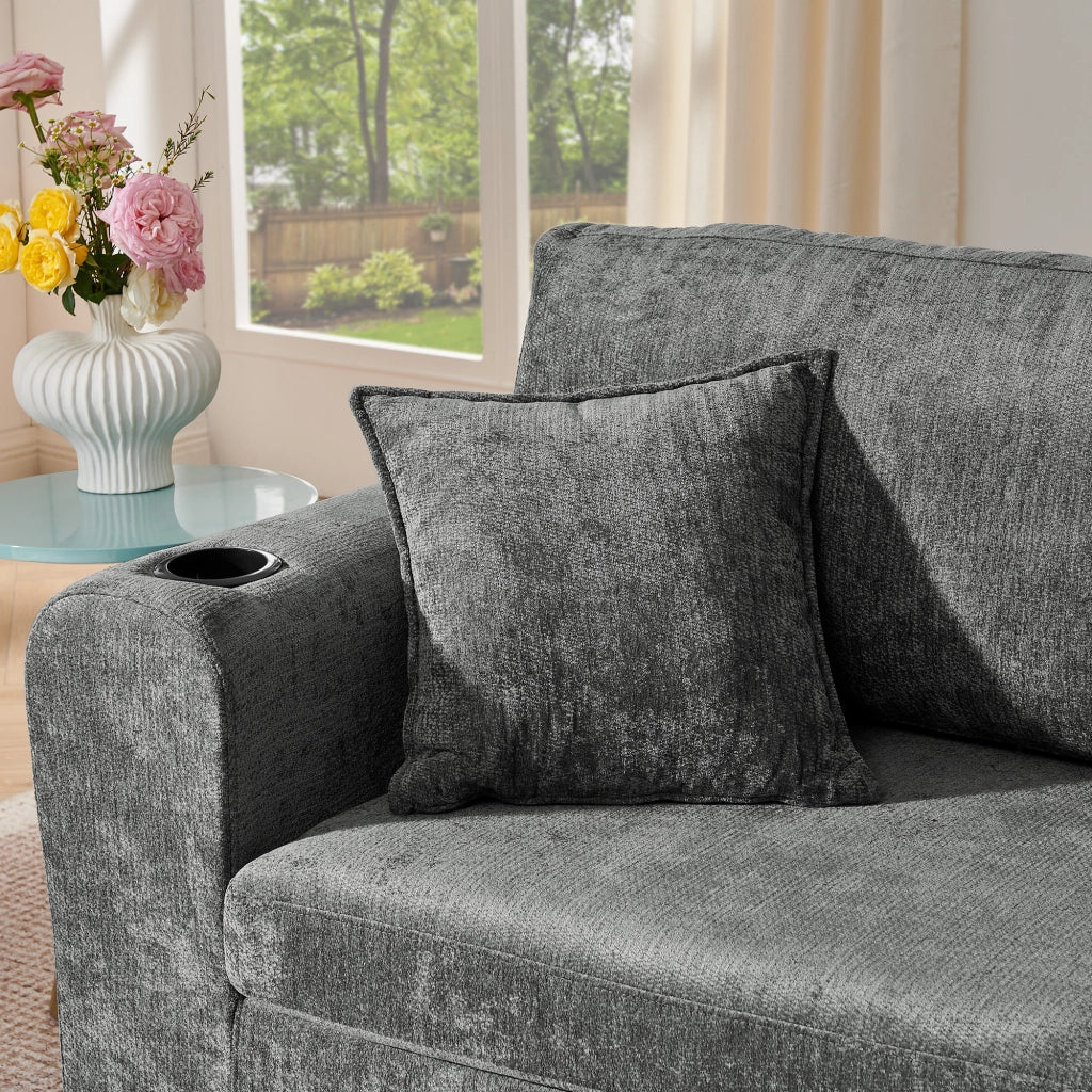 Divano relax 2 posti con tasca laterale; portabicchieri; USB e cuscini in chenille grigio