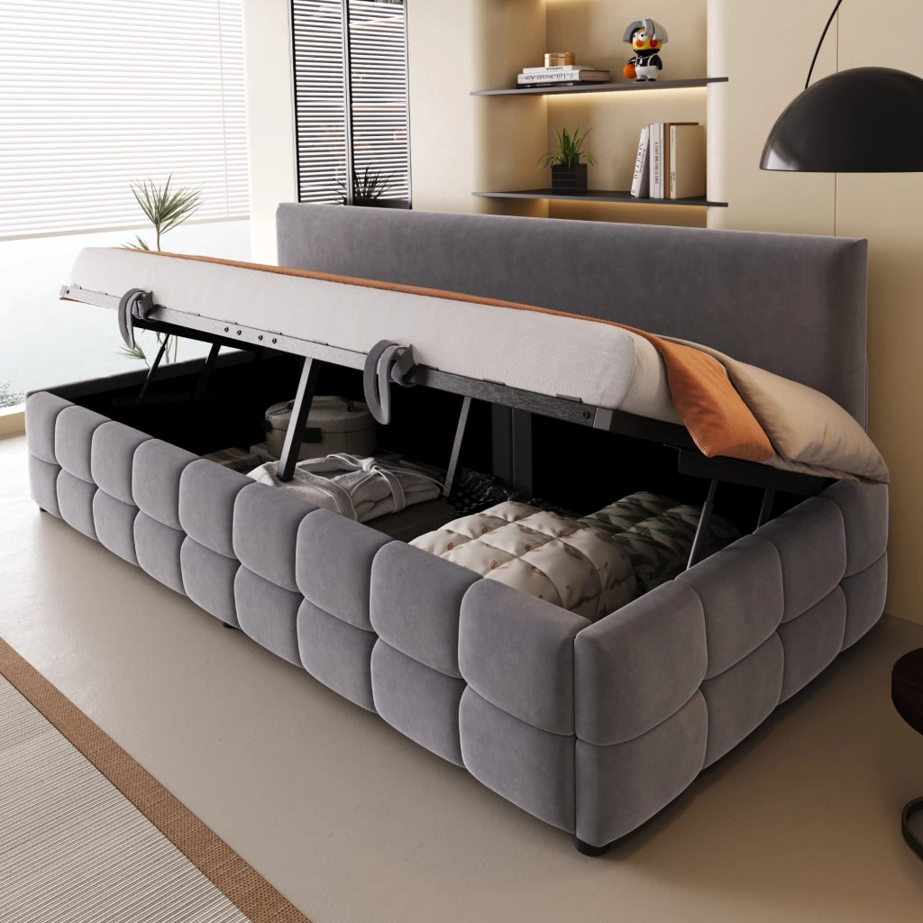Letto imbottito 90x200 cm con contenitore idraulico, testiera senza braccioli, velluto grigio