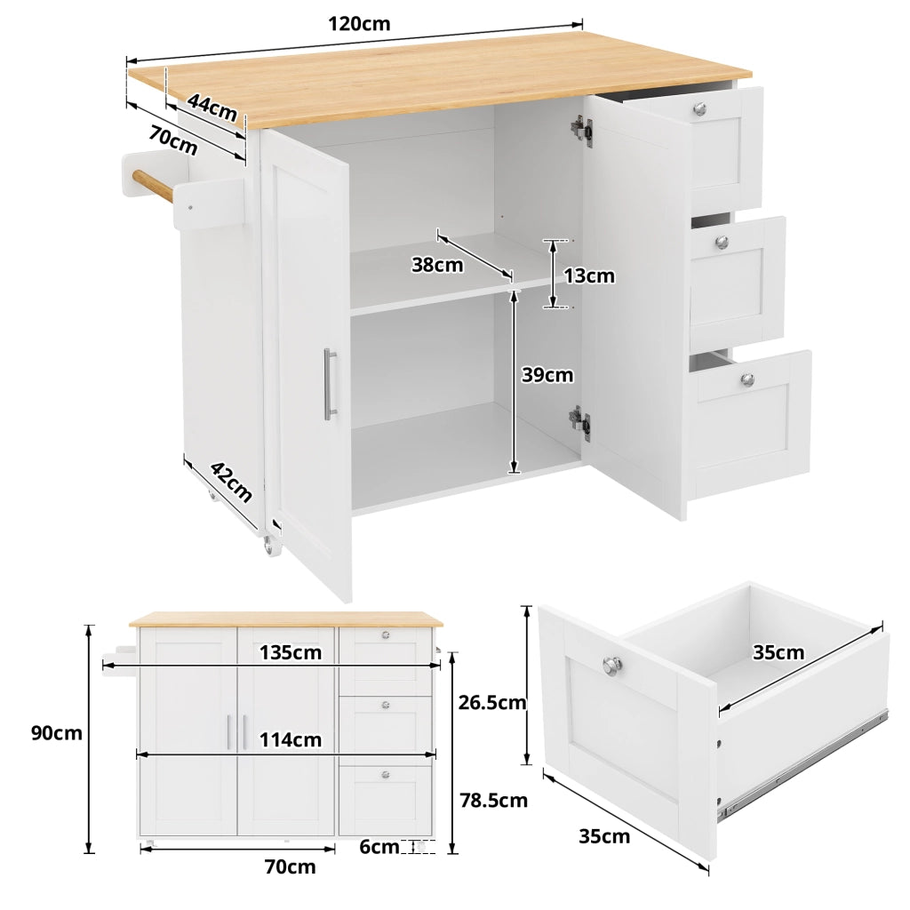Carrello da cucina con 2 ante; 3 cassetti; piano ribaltabile; portaasciugamani e 5 ruote; in MDF; 135x70x90 cm