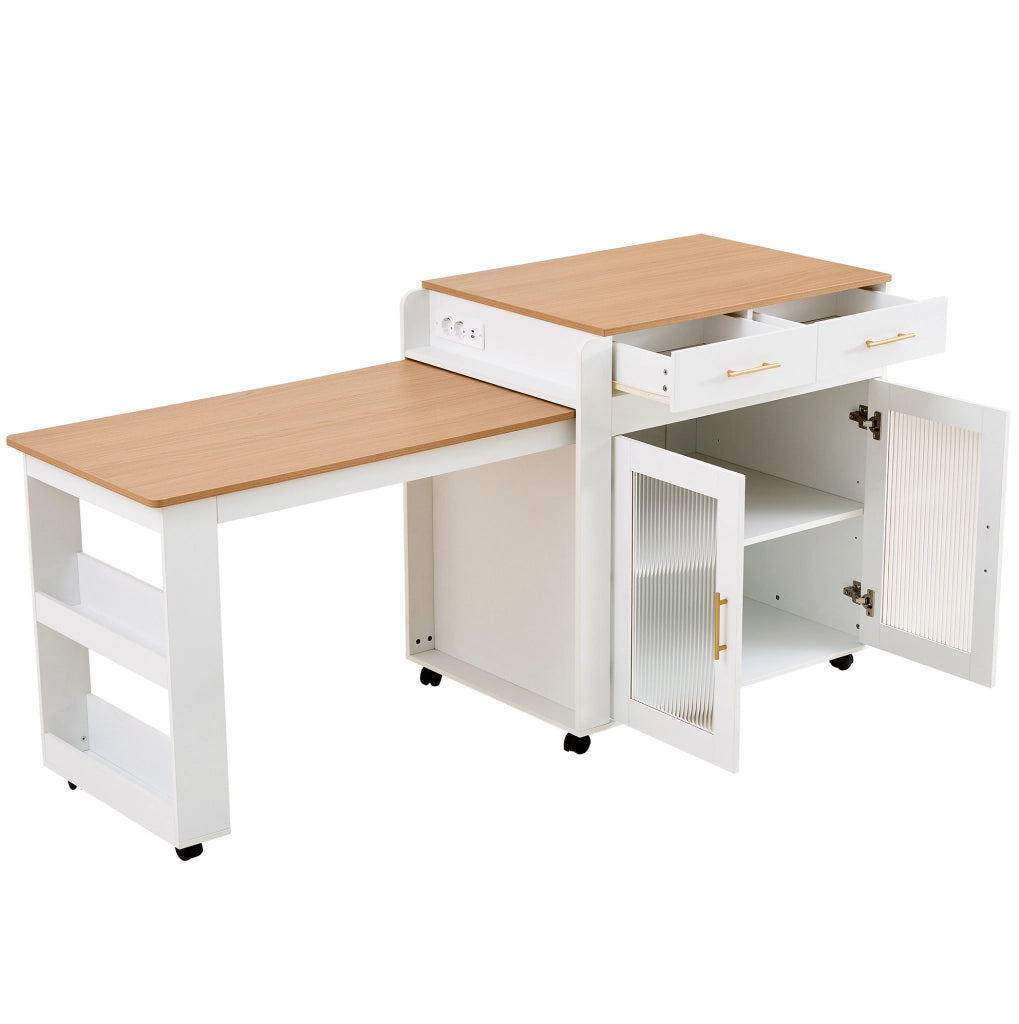 Isola cucina mobile con piano allungabile 116/177 cm; prese EU e USB; bianca