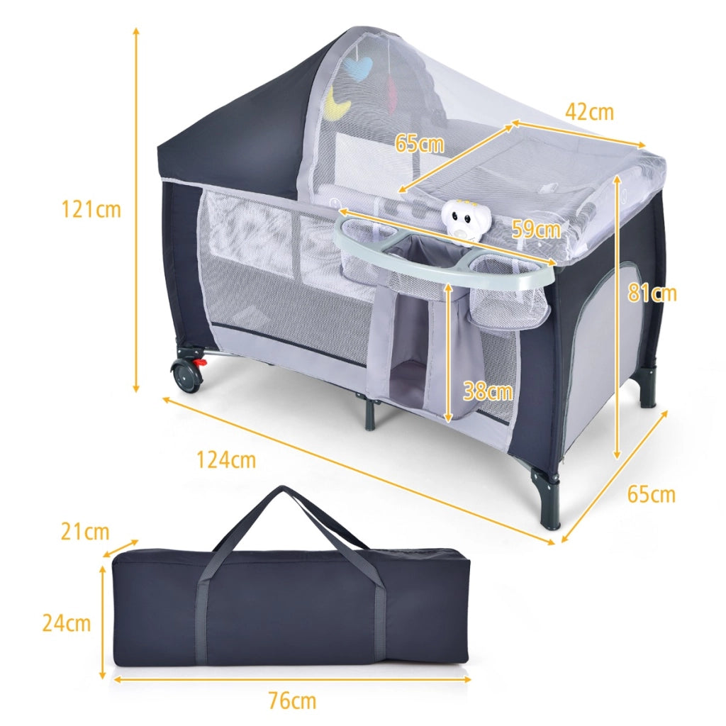 Culla per bambini pieghevole con zanzariera, Lettino per bimbi a due livelli regolabile 124x65x81cm Grigio