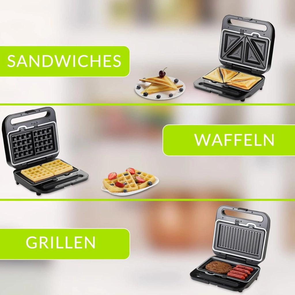 ® Griglia Tostapane 1000W 3 in 1 XXL Rivestimento Antiaderente Sandwich Maker Piastra Elettrica per Cialde Panini Carne