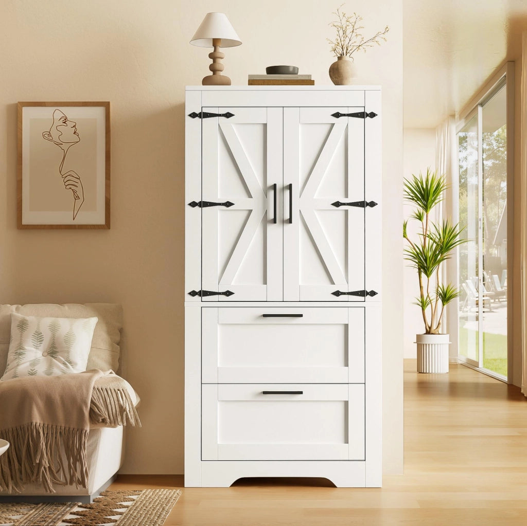 Credenza alta in stile rustico con ante effetto fienile, 2 cassetti, ripiani regolabili, colore bianco
