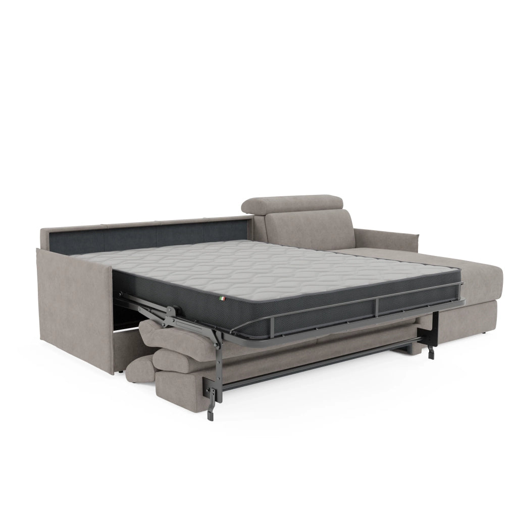Miryam divano letto angolare compatto - poggiatesta reclinabili e penisola contenitore in tessuto smacchiabile T31 232 cm sinistro grigio perla