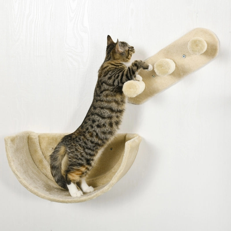 Parete giochi per gatti 4 pezzi con tiragraffi, piattaforma, scaletta e cuccia semicircolare, beige
