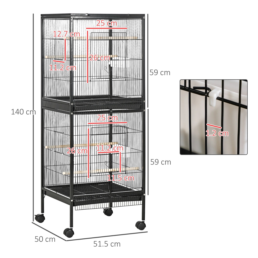 Gabbia Voliera per Uccelli per Interni con Ruote e Vassoi Estraibili, 51.5x50x140 cm, Nero