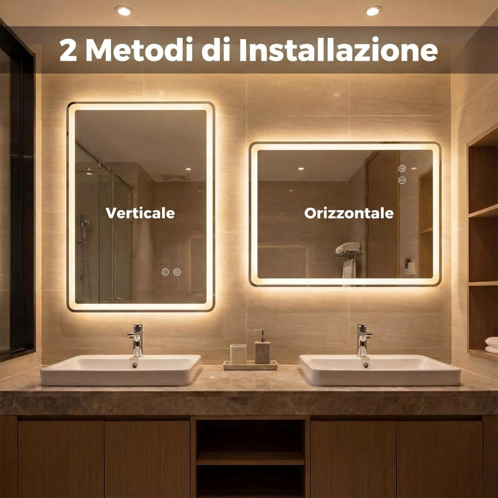Specchio da Bagno LED 70 x 50 cm, Vetro Temperato Antiesplosione, Specchio da Parete Retroilluminato Dimmerabile con 3 Colori di Illuminazione e Anti-Appannamento (70 x 50 x 3 cm)