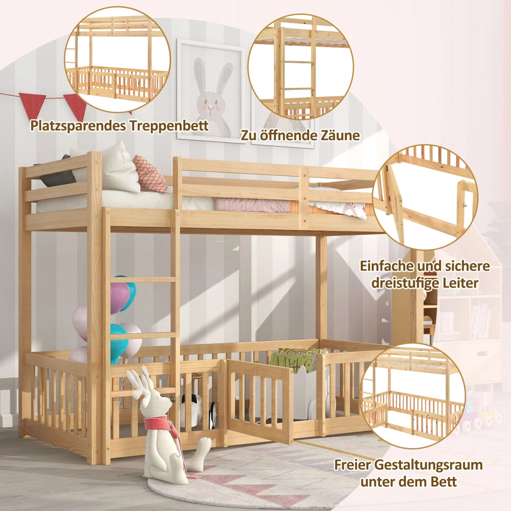 OKWISH Letto a Castello 90×200 cm, Letto Singolo con Scala Dritta, Sponde e Porta, senza Materasso, in Legno Massello, Naturale