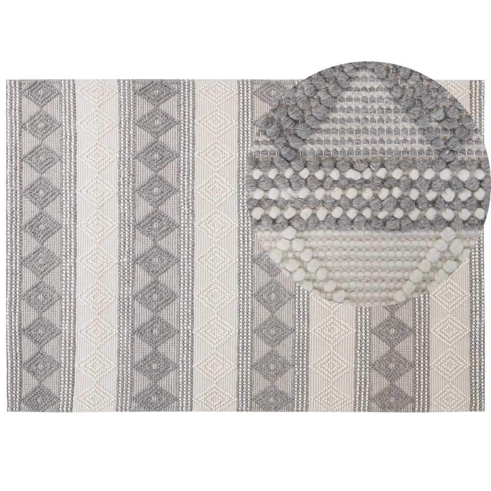 Tappeto in lana beige chiaro e grigio poliestere 160 x 230 cm intrecciato a mano motivo geometrico boho soggiorno camera da letto