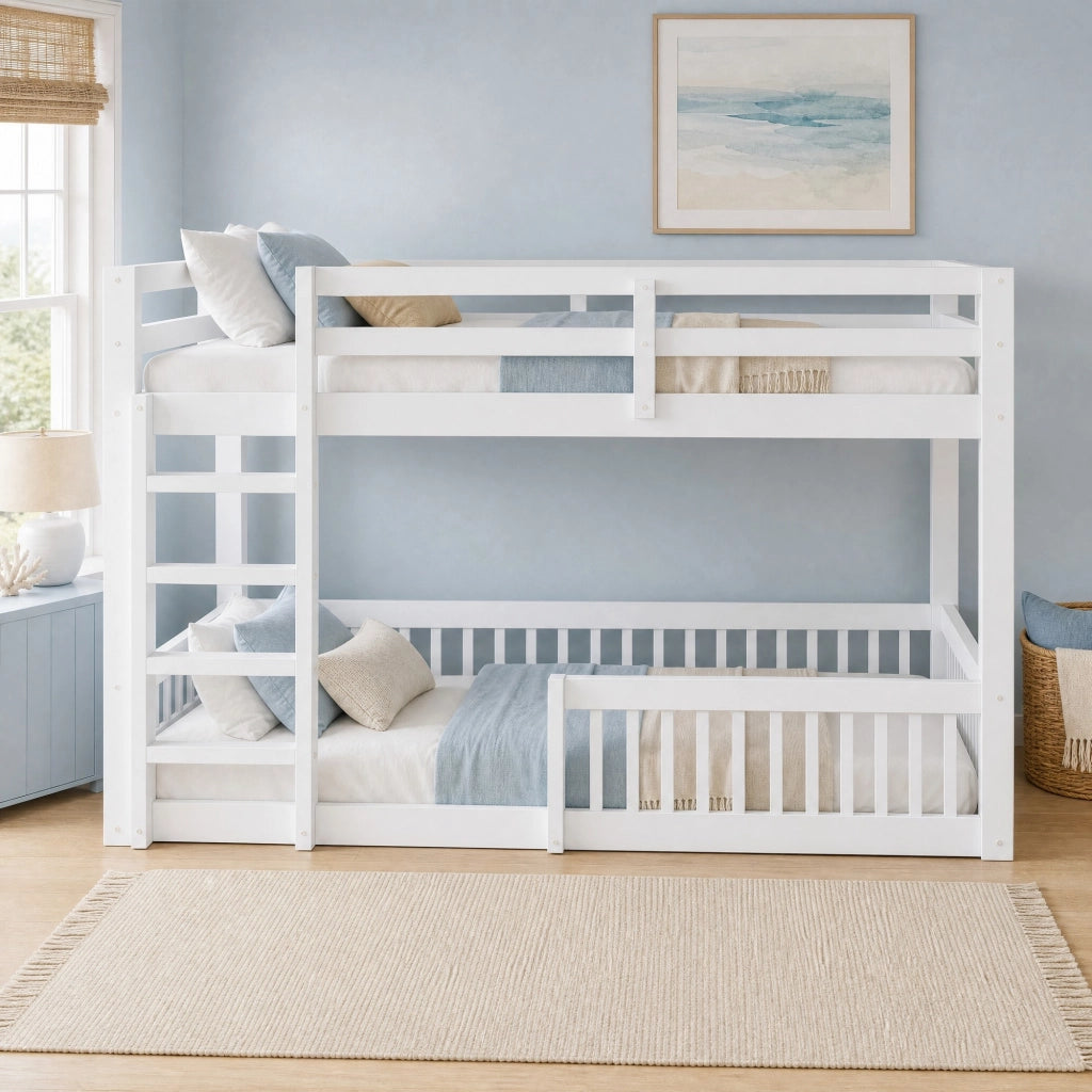 Letto a castello 160x200 cm con sponde; in pino e MDF; bianco