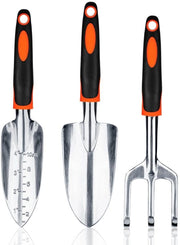 Set di attrezzi da giardino in lega di alluminio con manico ergonomico, 3 pezzi, per uso pesante, composto da coltello per piante, coltello per rinnovare e rastrello per prato e bordo, colore arancione.