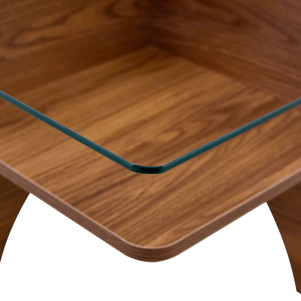Tavolino 80x80x40 cm con piano in vetro temperato; struttura in MDF effetto noce