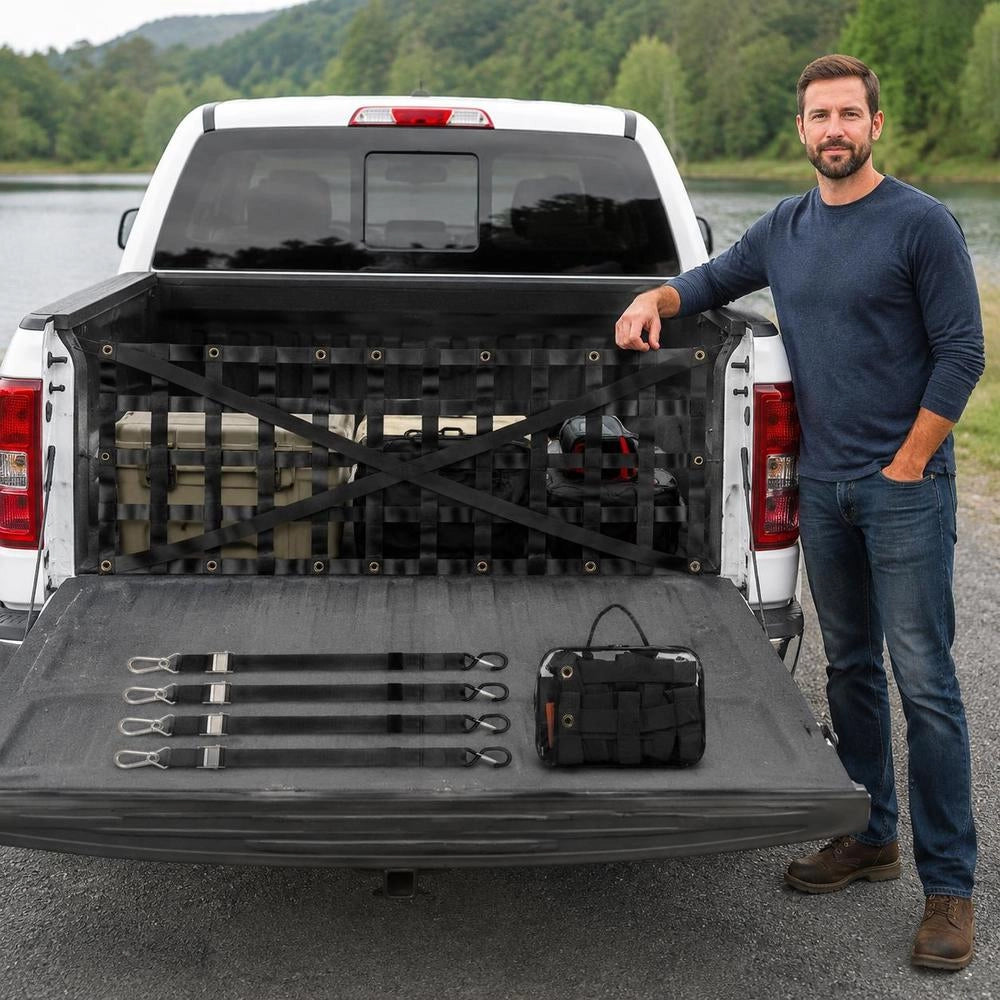 Tailgate Net, 137 X 46 Cm, Truck Bed Net With 4 Adjustable Telescopic Straps, Cross-reinforced Design, Extendable And Durable, Cargo Net Suitable For Pickups, Trucks, Trailers, Jeeps, SUVs