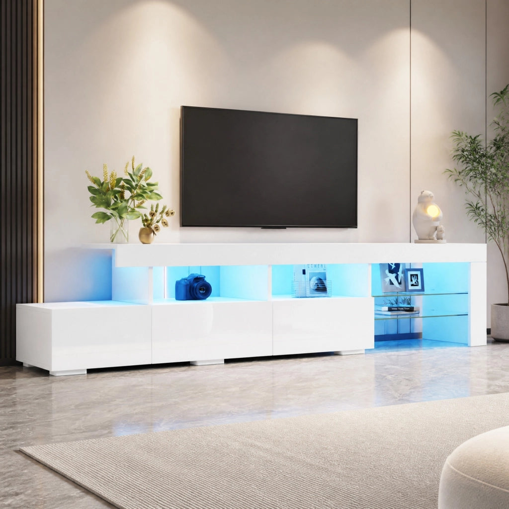 Mobile porta TV con LED, 3 cassetti e 7 vani contenitore, per soggiorno, bianco, 180 × 35 × 45 cm