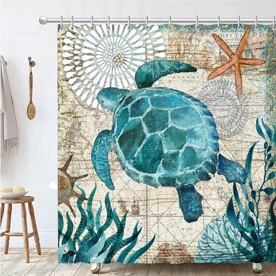 Gordini per bagno 180 x 180 cm impermeabili resistenti a muffa e funghi lavabili - bianchi 3D HD poliestere - zattere di tartarughe marine - 12 ganci
