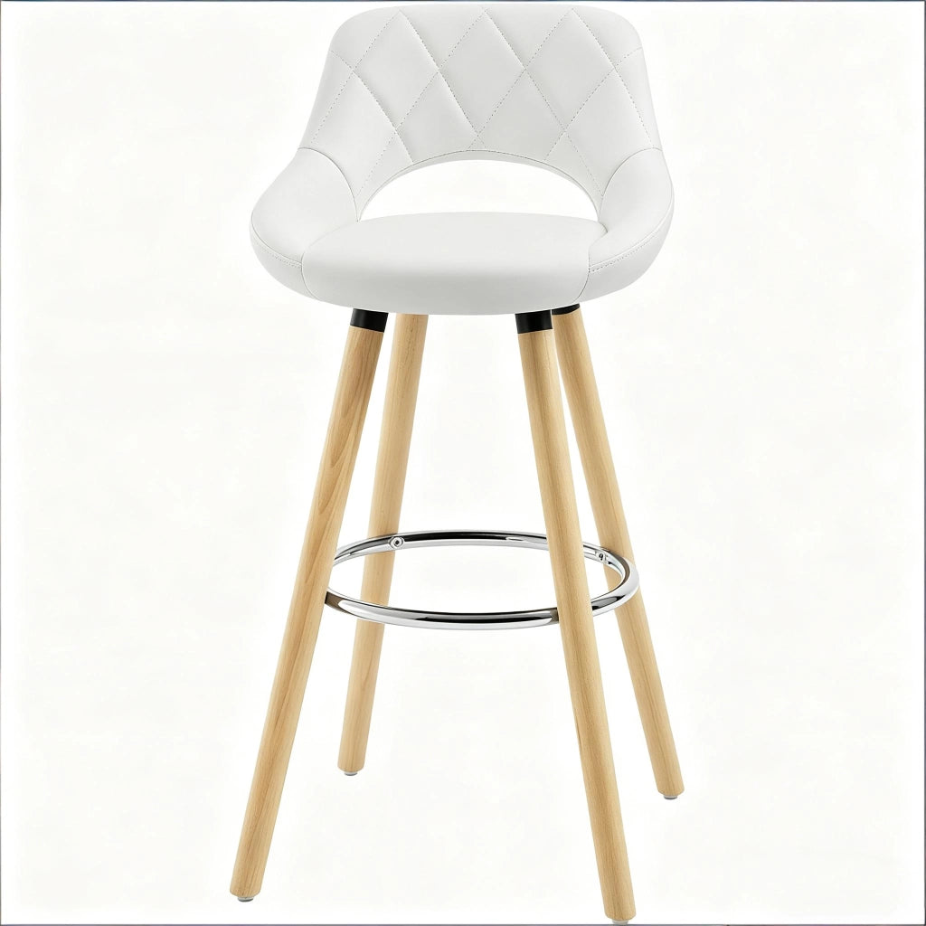 Sgabello bar bianco con schienale, seduta in similpelle e gambe in legno massello, h 91 cm