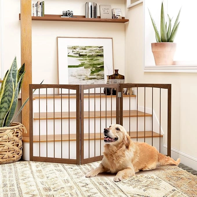 Cancelletto in Legno per Cani 159 x 76 cm, Recinto per Bambini, Cancello Pieghevole a 3 Pannelli per Porte, Scale e Corridoi (Naturale)