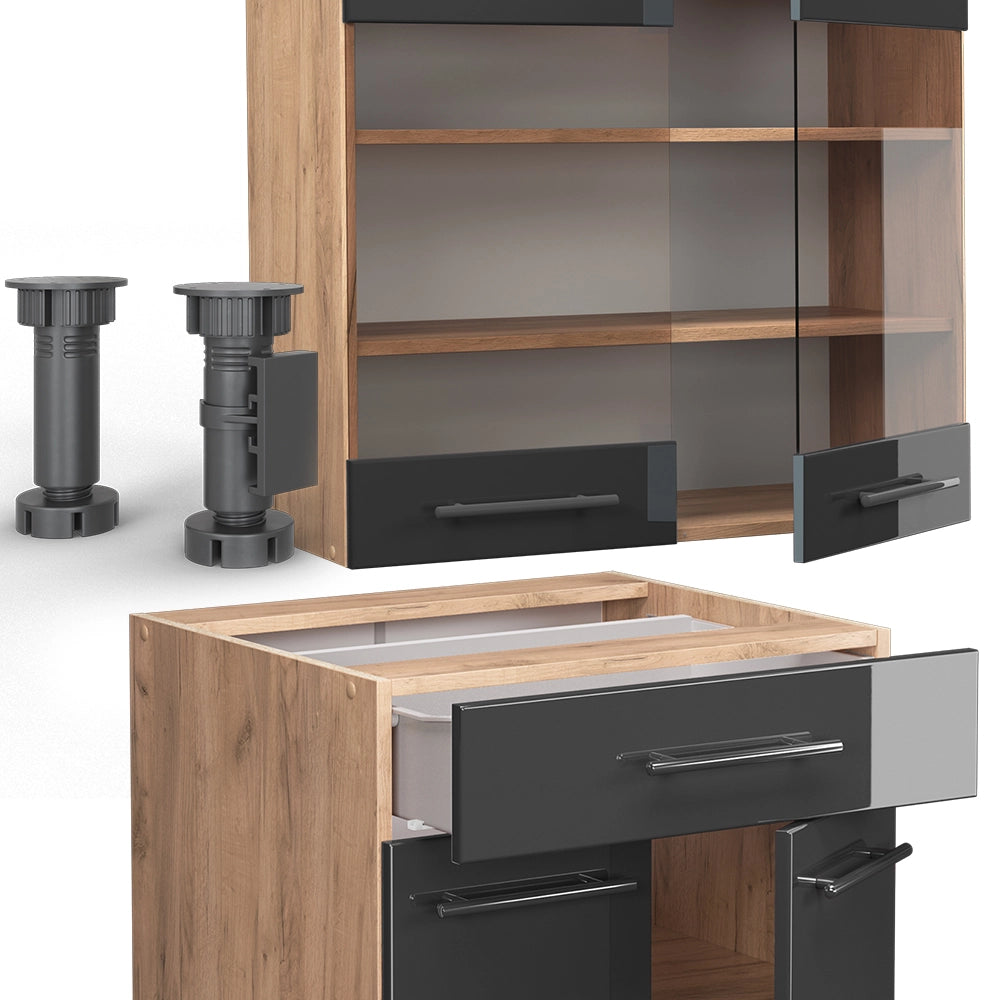 Cucina completa Fame-Line Antracite lucido/Rovere dorato 140 cm, PL Antracite Vicco