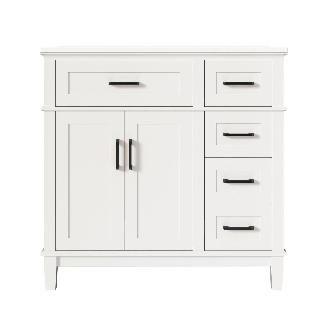 Mobile bagno freestanding 90¡Á46¡Á87 cm, lavabo in ceramica, 4 cassetti, vano ribaltabile, armadio 2 ante, bianco, maniglie nere.