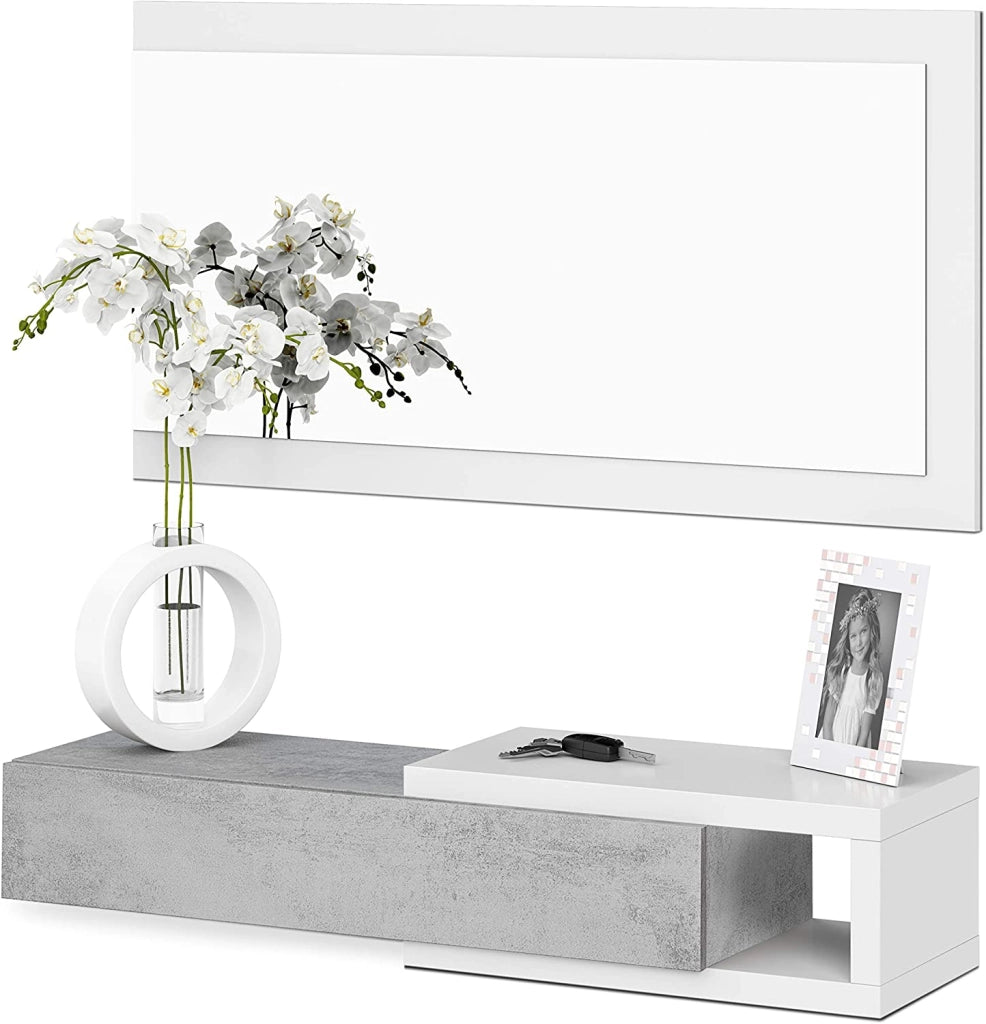 KIT MOBILE INGRESSO 1CASSETTO + 1 SPECCHIO 'NOON' BIANCO E CEMENTO
