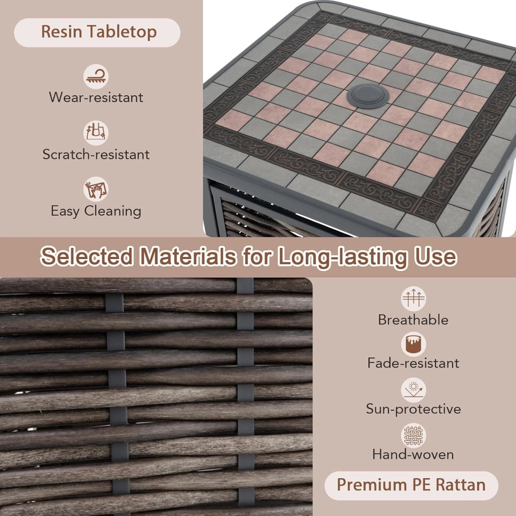 Tavolino da giardino in vimini con foro per ombrellone, tavolino da esterno con piano in resina, tavolino quadrato per giardino, cortile, terrazza, 55 x 55 x 50 cm