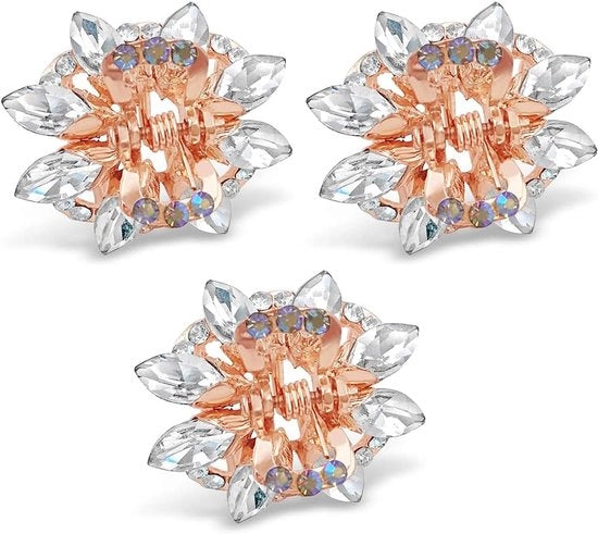 Set di 3 Clip per Capelli in Oro Rosa con Cristalli e Pailletti - Bianco - Accessori di Moda