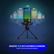 Microfono per gaming USB, condensatore RGB, compatibile PC, PS4, PS5, microfono USB C con tasto di sospensione, treppiede, filtro anti-pop.
