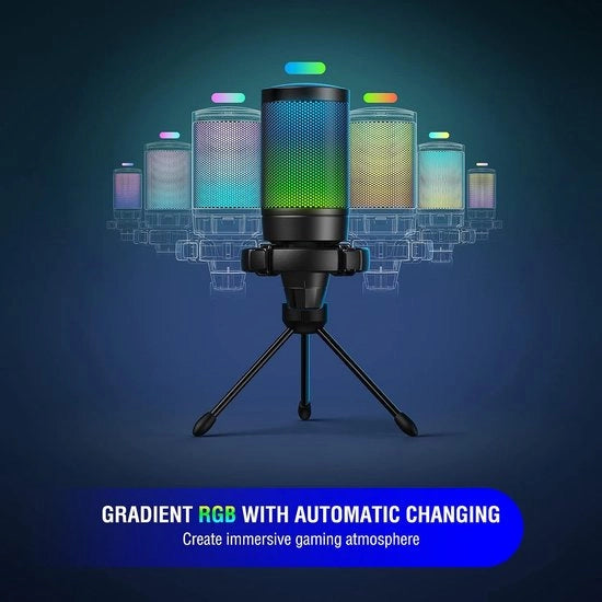 Microfono per gaming USB, condensatore RGB, compatibile PC, PS4, PS5, microfono USB C con tasto di sospensione, treppiede, filtro anti-pop.