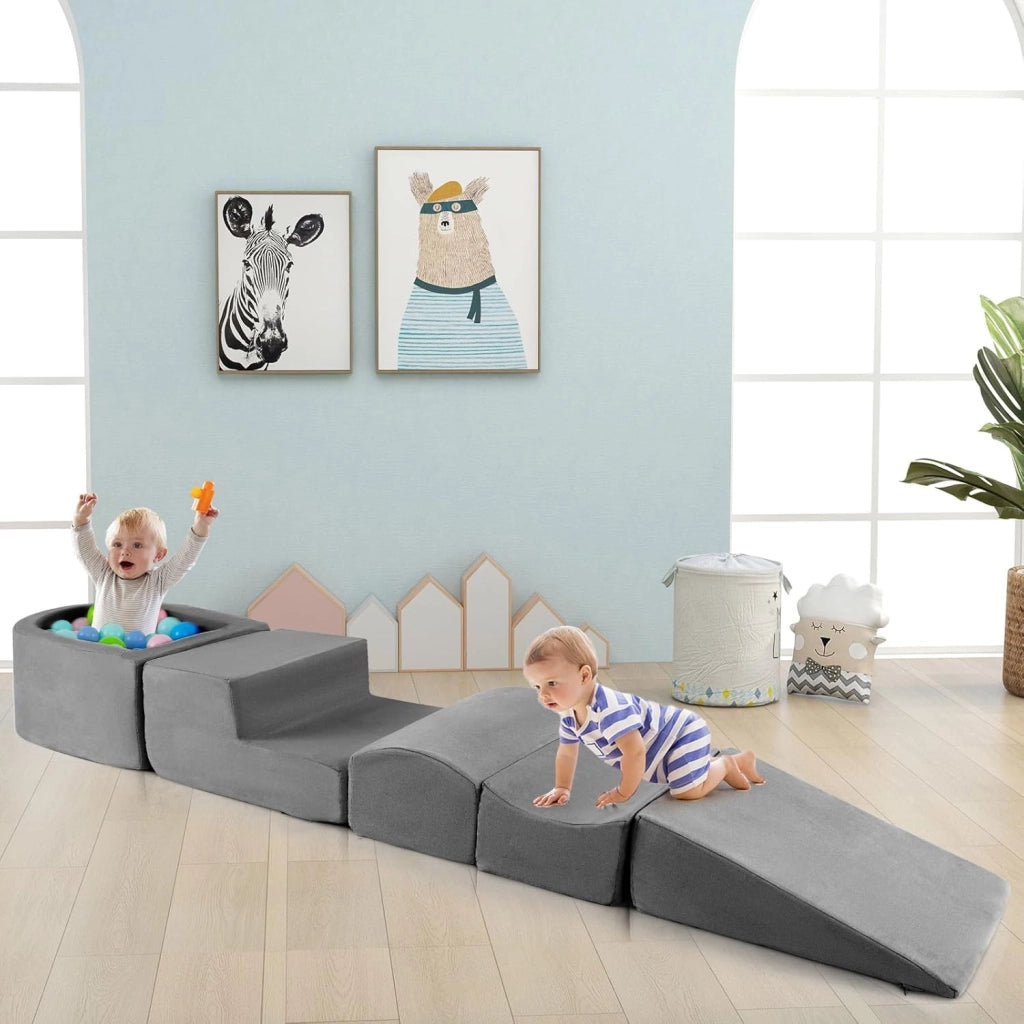 Set di 5 Pezzi Gioco in Schiuma, Blocchi con Piscina di Palline per Bambini, Coperture Lavabili con Cerniere, Blocchi Creativi per Stanza di Giocattoli, Camera da Letto (Grigio)