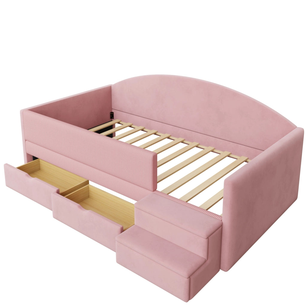 Letto imbottito 90 x 190 cm in velluto rosa con 2 cassetti; sponde e gradini